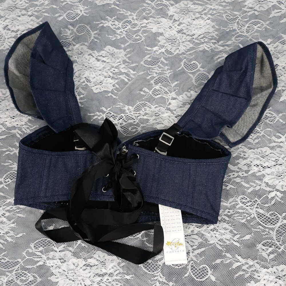 Lavish Medium Daisy Corsets Blue Denim Ruffled Denim Bustier Shirt Crop Top Bra - Picture 2 of 4